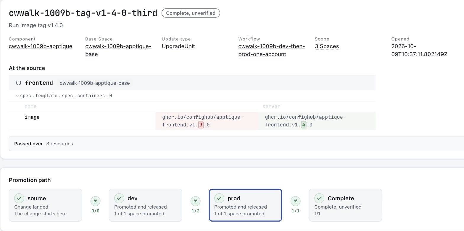 The rollout page for the change, with the changed field and the promotion path
