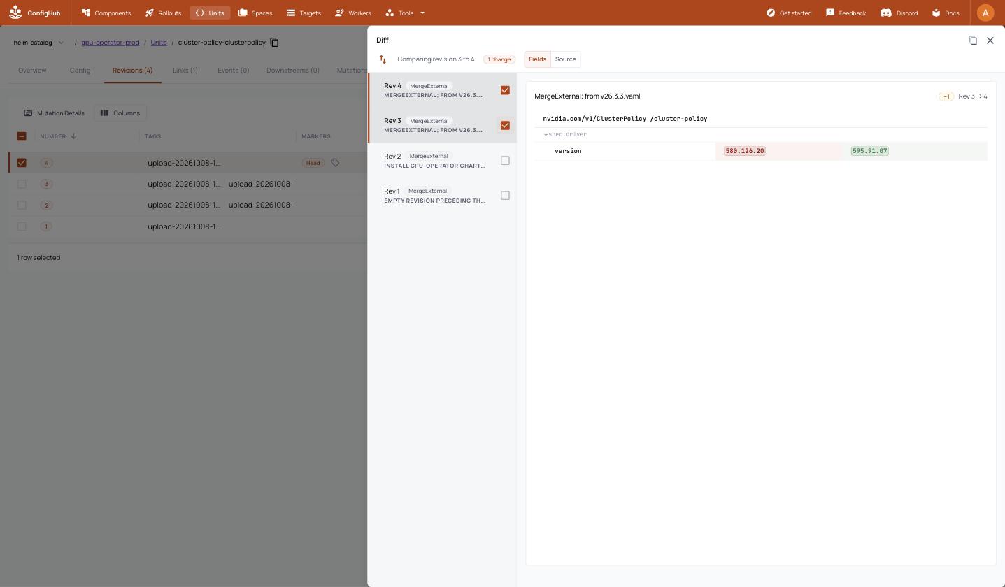 The ConfigHub Diff panel for the ClusterPolicy Unit, revision 3 to 4, with one changed field