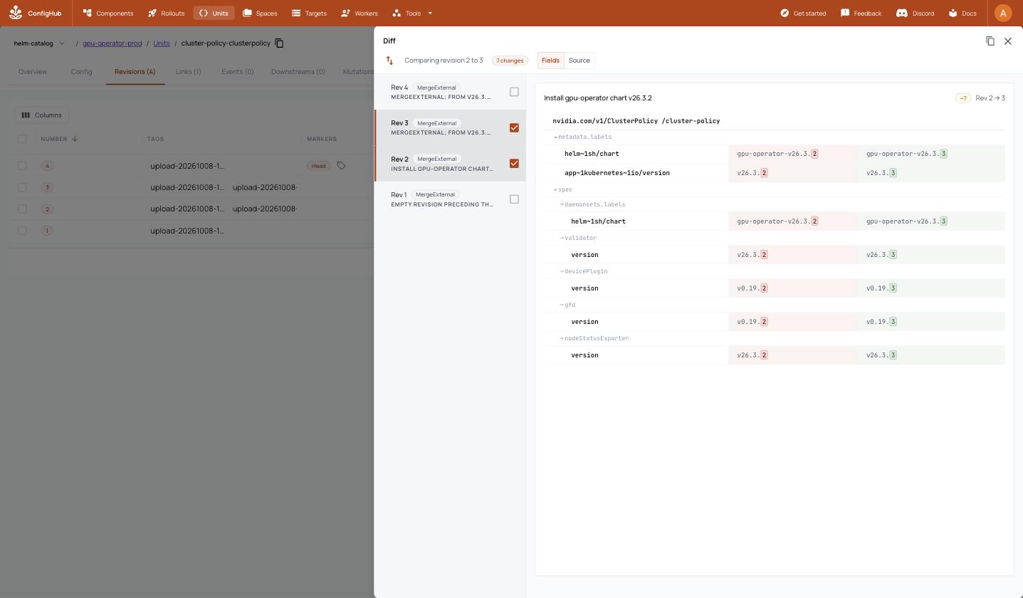 The ConfigHub Diff panel for the ClusterPolicy Unit, revision 2 to 3, with seven changed fields