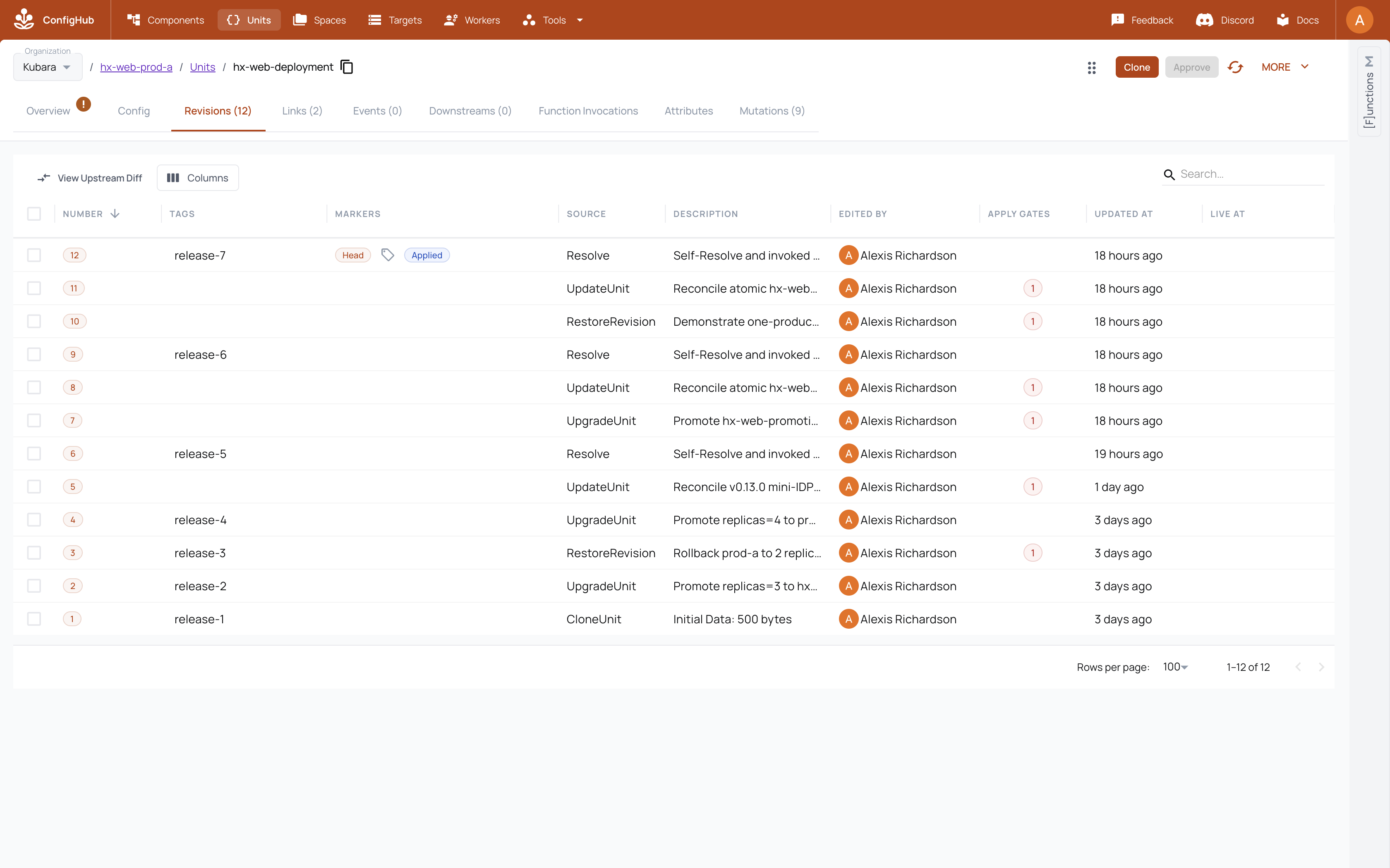 hx-web production revision history with approval gates, promotion, rollback, and the applied release