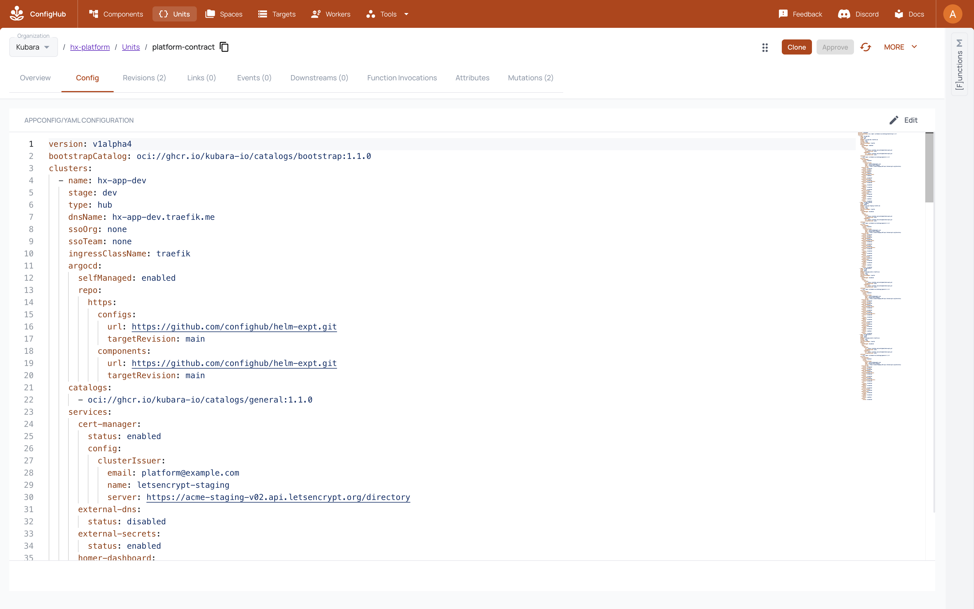The hx-platform platform-contract Unit in the ConfigHub GUI