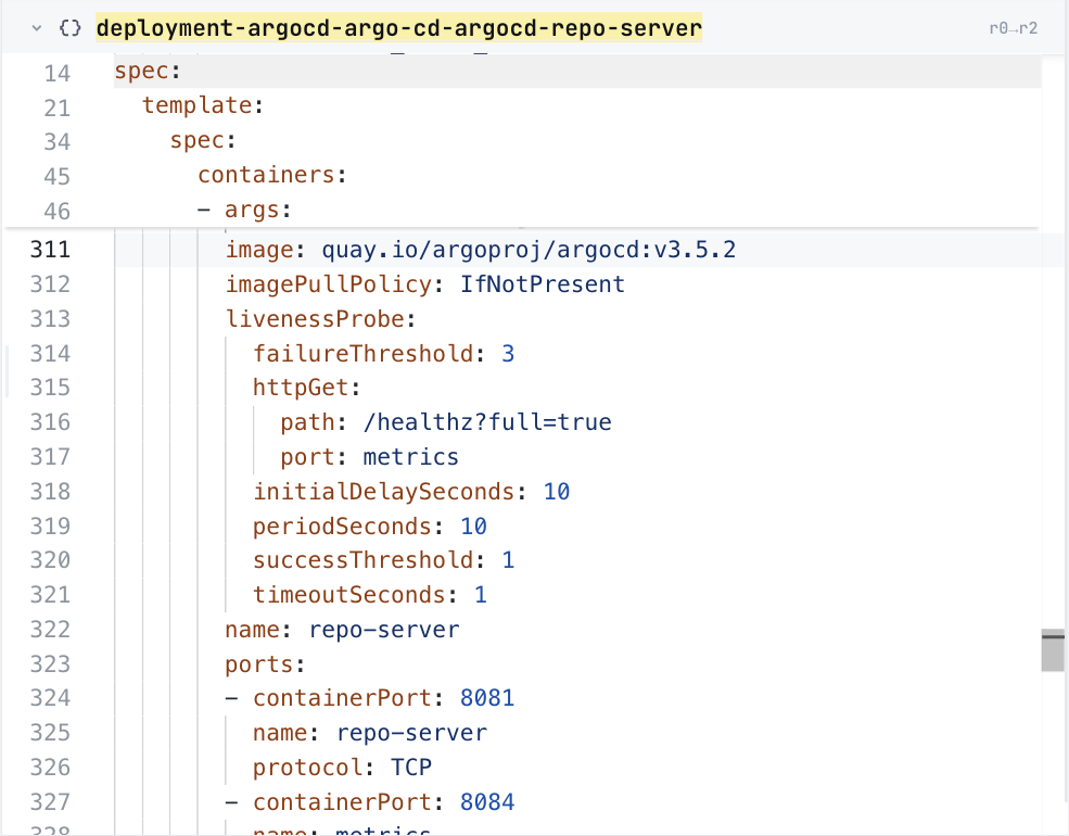 ConfigHub showing the Argo CD repo-server Deployment, at its image line