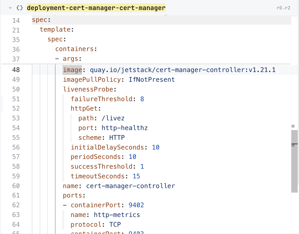ConfigHub showing the cert-manager controller Deployment, at its image line
