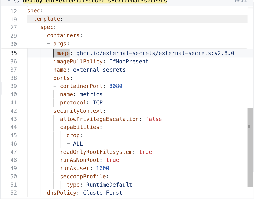 ConfigHub showing the External Secrets Deployment, at its image line