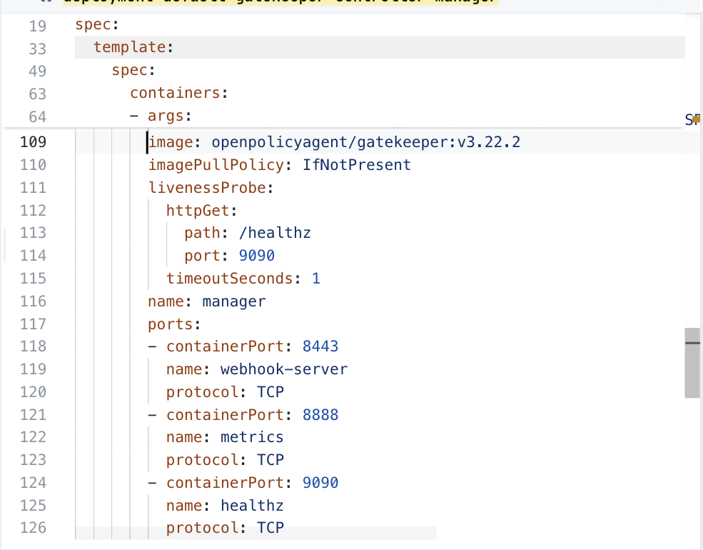 ConfigHub showing the Gatekeeper controller-manager Deployment, at its image line