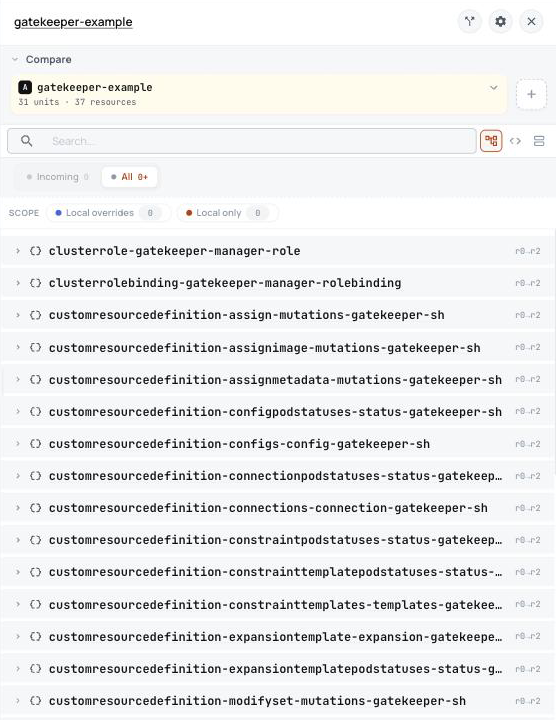 ConfigHub showing the 17 Gatekeeper CRDs among the base's Units