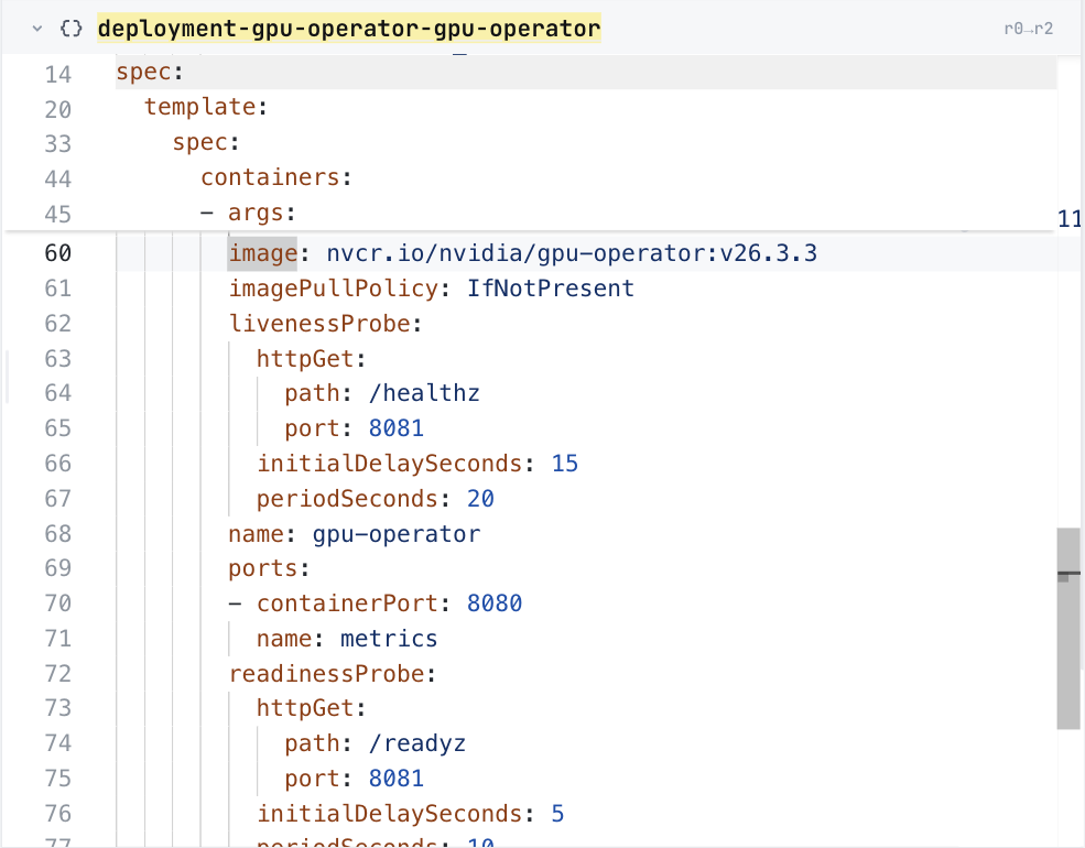 ConfigHub showing the GPU Operator Deployment, at its image line