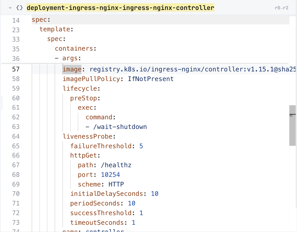ConfigHub showing the ingress-nginx controller Deployment, at its image line