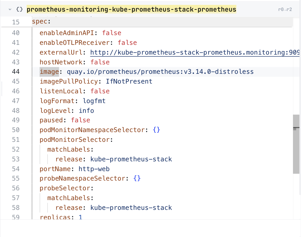 ConfigHub showing the Prometheus object, at its image line