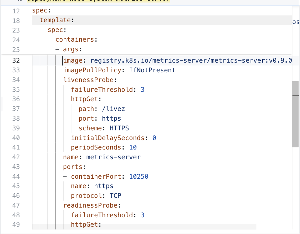 ConfigHub showing the metrics-server Deployment, at its image line