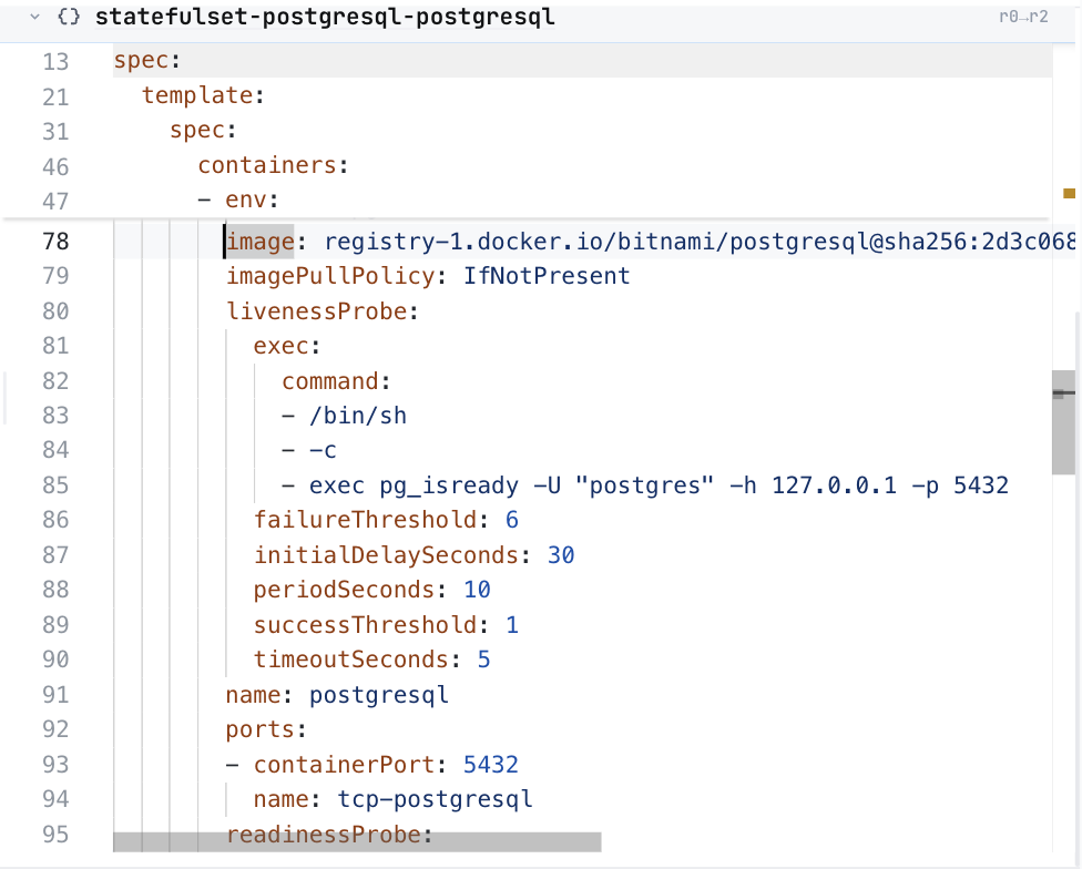 ConfigHub showing the PostgreSQL StatefulSet, at its image line