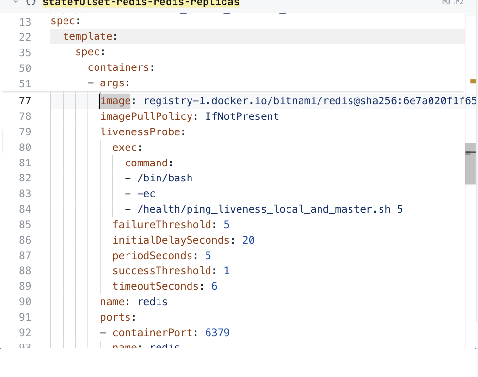 ConfigHub showing the redis-replicas StatefulSet, at its image line